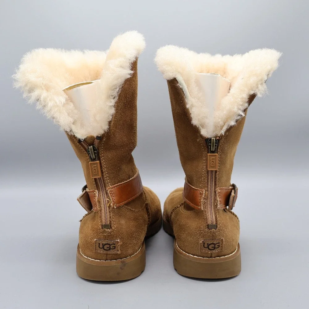 UGG Nessa Shearling Chestnut Suede Boots‎ Kids Size 1 Buckle Zip Warm Boho